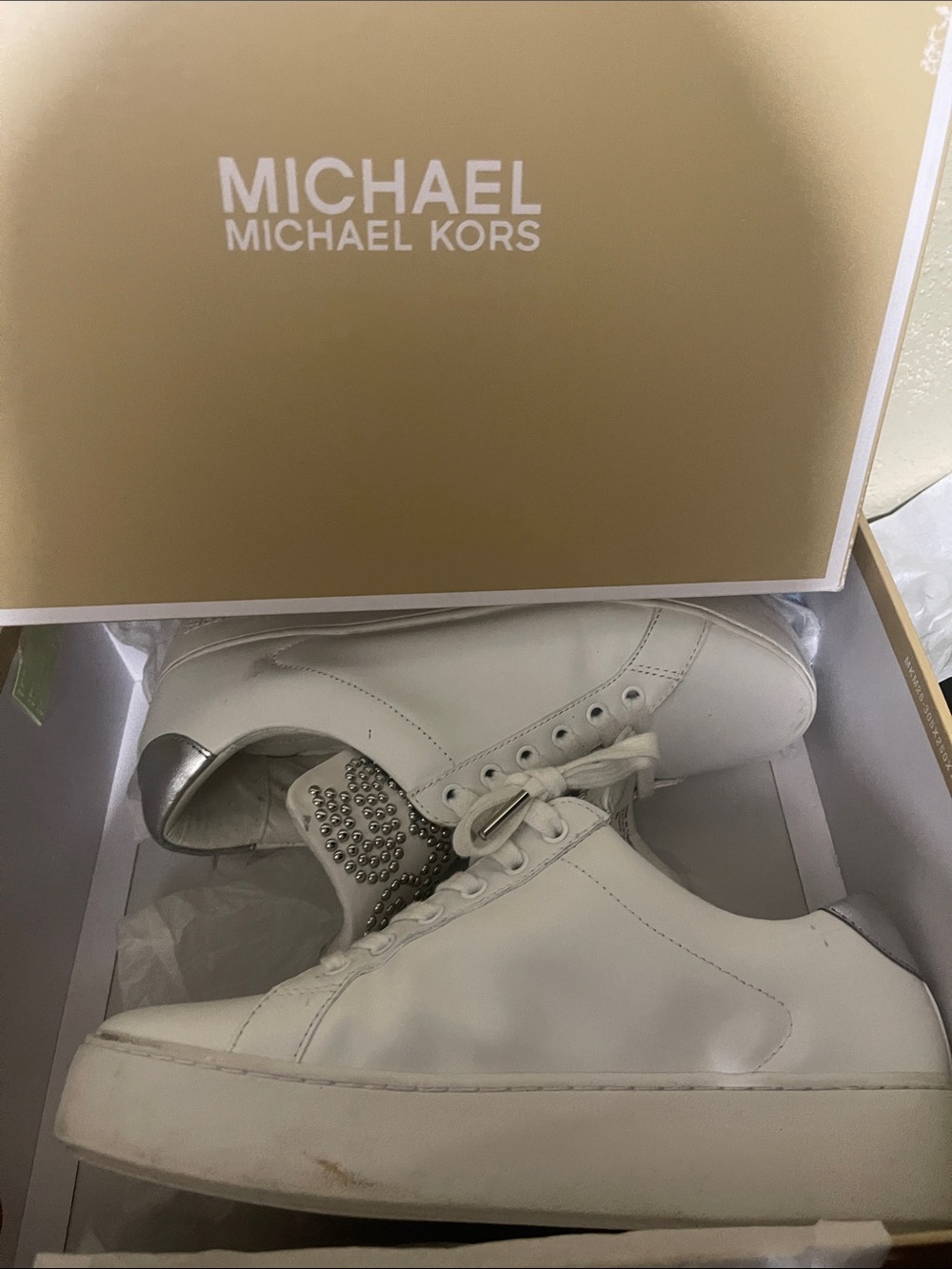 Michael Kors White Leather Lace-Up Sneakers with Silver Heel